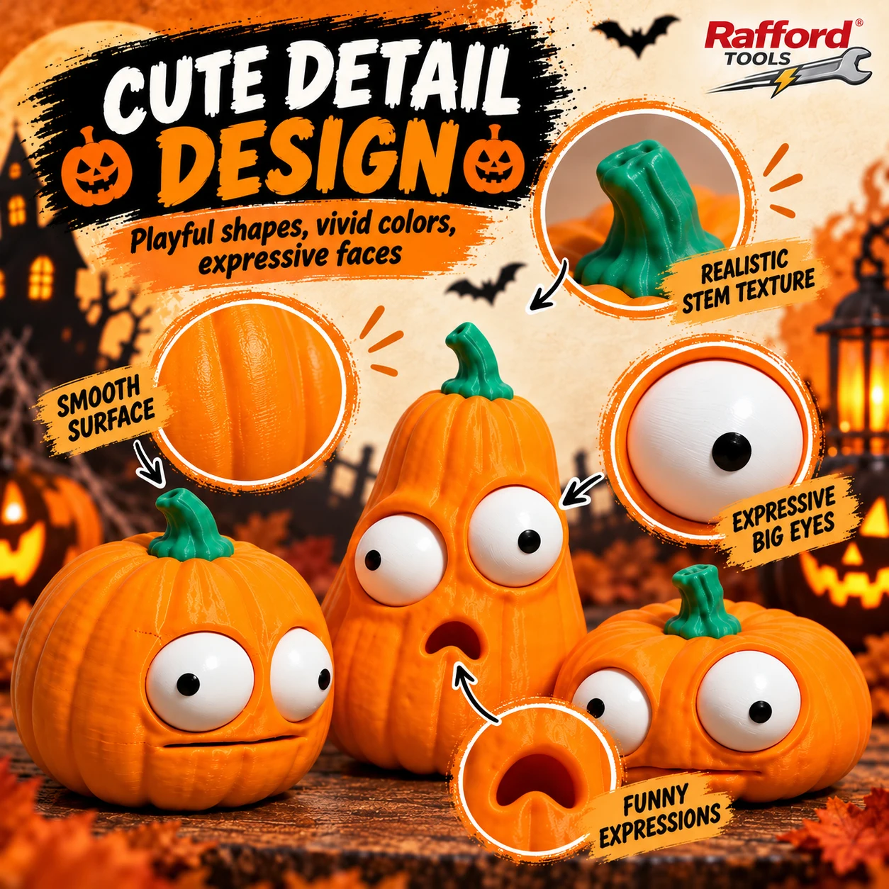Rafford 3-teiliges Set Lustige Halloween-Kürbisfiguren mit Beweglichen Augen, Niedliche Kürbis-Dekorationen für Schreibtisch, Regal, Party und Heimdekoration – Detail 4
