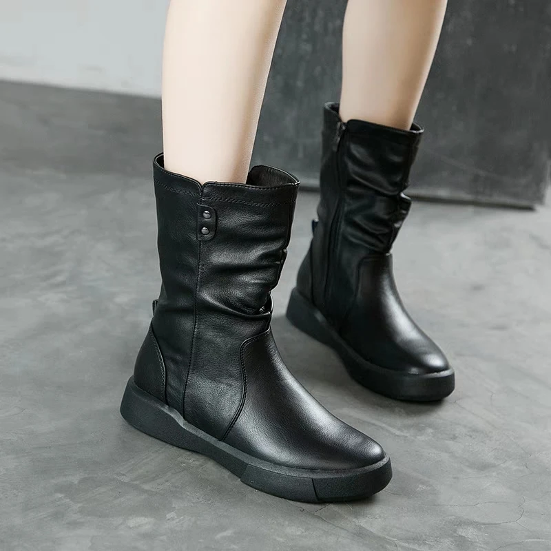 Footwear Half High Mid Calf Ladies Boots Flat Black Shoes For Women Round Toe Chic Point Hot Promotion Fashion 2024 Demi-season