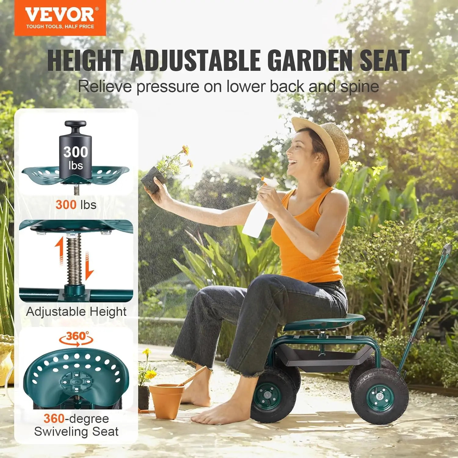 Garden Cart Rolling Workseat with Wheels, Gardening Stool for Planting, 360 Degree Swivel Seat, Wagon Scooter with Steering Handle & Utility Tool Tray, Use for Patio, Yard, and Outdoors, Green | 360 Swivel Garden Chair, Wagon Scooter with Steering Handle view 2