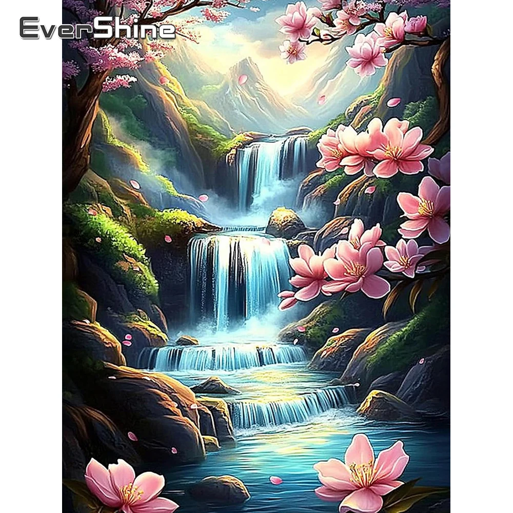 EverShine Diamantmalerei Landschaftsbild Strass-Mosaik Wasserfall Vollbohr-Stickerei Kirschblüten Heimdekoration