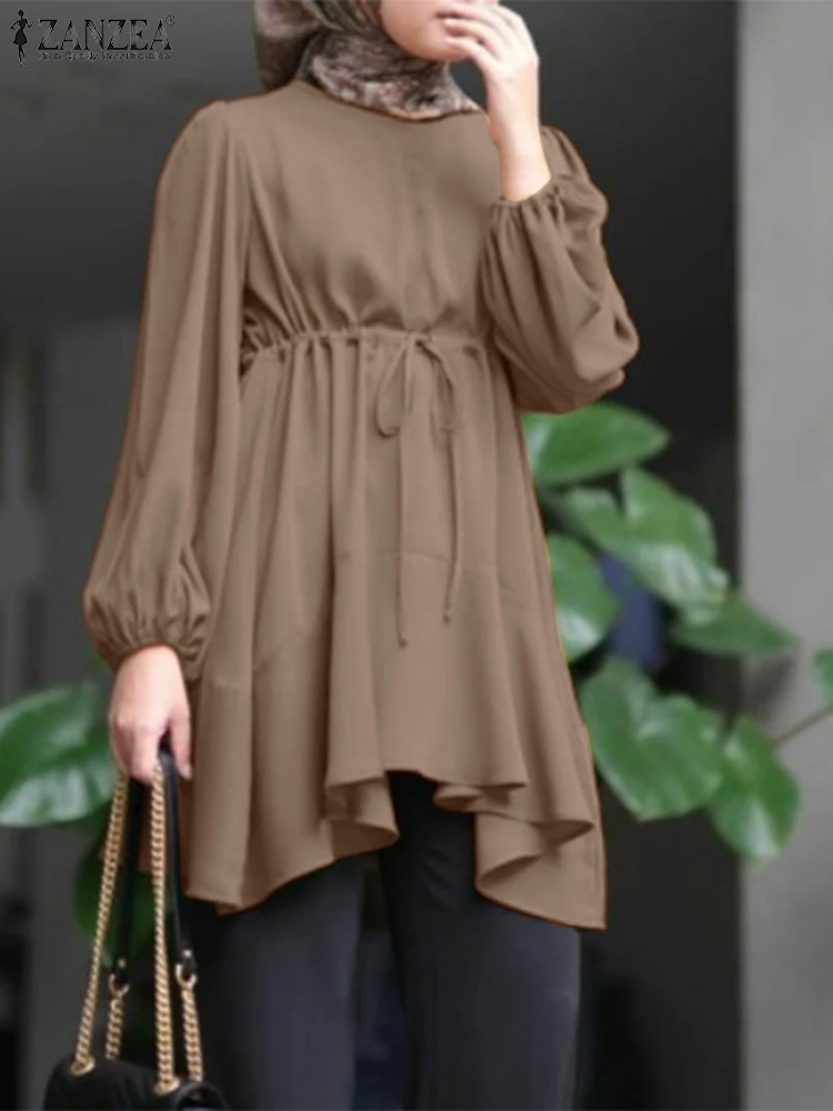 

Muslim Long Shirt Vintage Solid Tops For Women Autumn Blouse Ramadan Turkey Abaya ZANZEA IsIamic Clothing Dubai Hijab Blouses