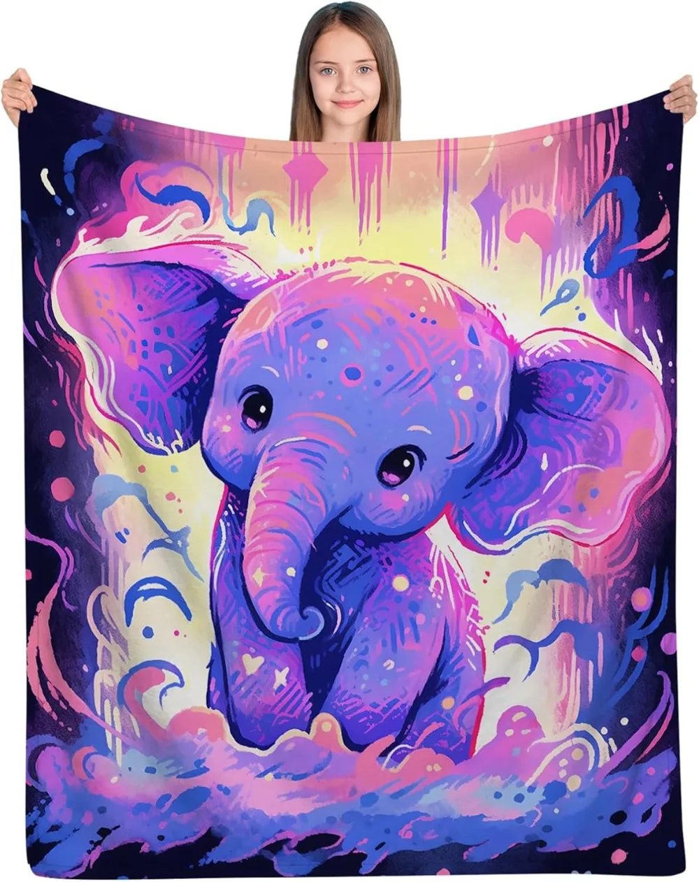 Cute Baby Elephant Throw Blanket Gifts for Girls Boys, Soft Plush Animal Print Blanket, Light Purple