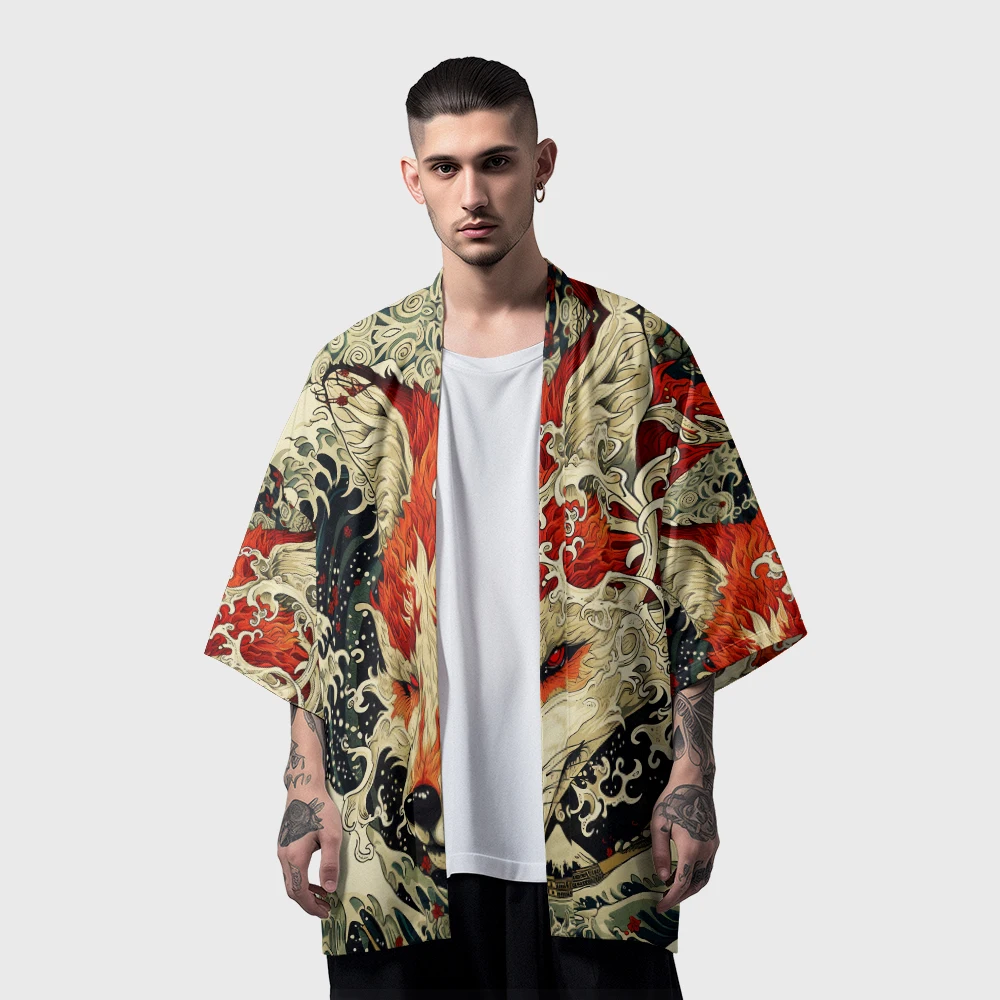 Kimono samurái con estampado Animal para hombre, ropa de calle Haori, moda japonesa, cárdigan Yukata, bata Vintage, Cosplay de verano