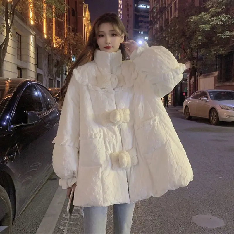 Ruffles Patchwork Sweet Women Parkas Stand Collar Fashion Button Up Loose Padded Coats Autumn Wainter Warm Thick Warm Jackets