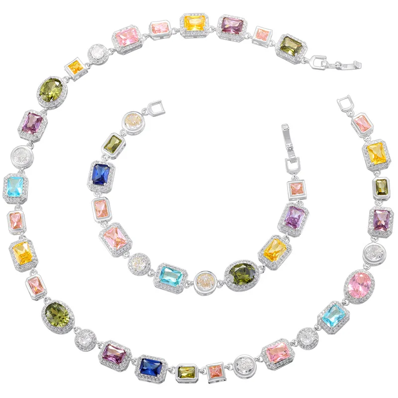 

18K Gold Plated Jewelry Set For Women Cubic Zirconia Gemstone Necklace Choker Link Chain Bracelets Trendy HipHop Choker Jewelry