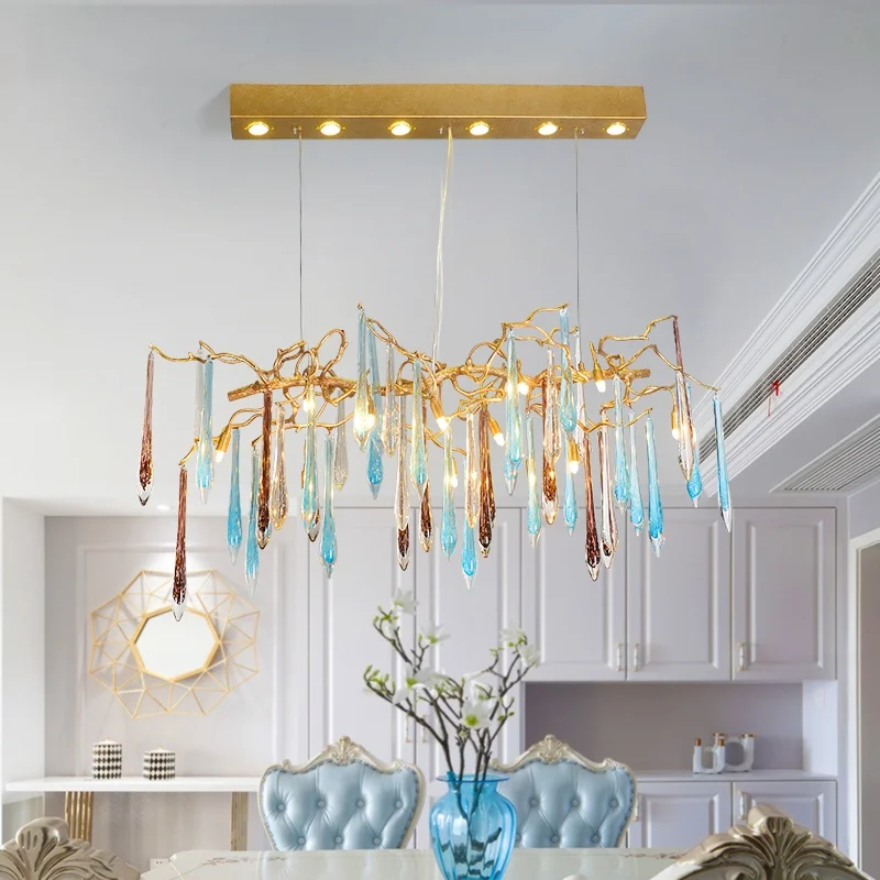 

Colorful Water Droplet Lamp Postmodern Crystal Living Room Led Ceiling Light Villa Bedroom European Retro All Copper Branch Lamp