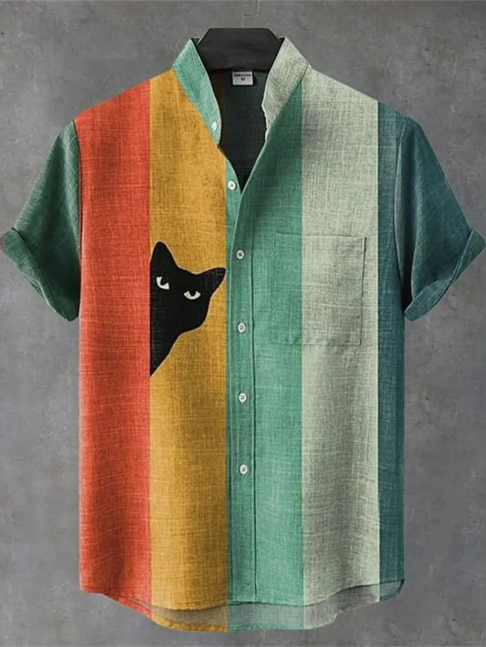 

Vintage Cat Print Men's Linen Shirt Short Sleeve Button up Stand Collar Designer Fashionable plus Size Clothing