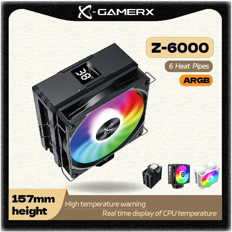 Power Train XGAMERX Z-6000 6 heat pipe air cooler CPU cooler temperature display ARGB PWM 120MM fan LGA1700/115X/1200 AM4 AM5