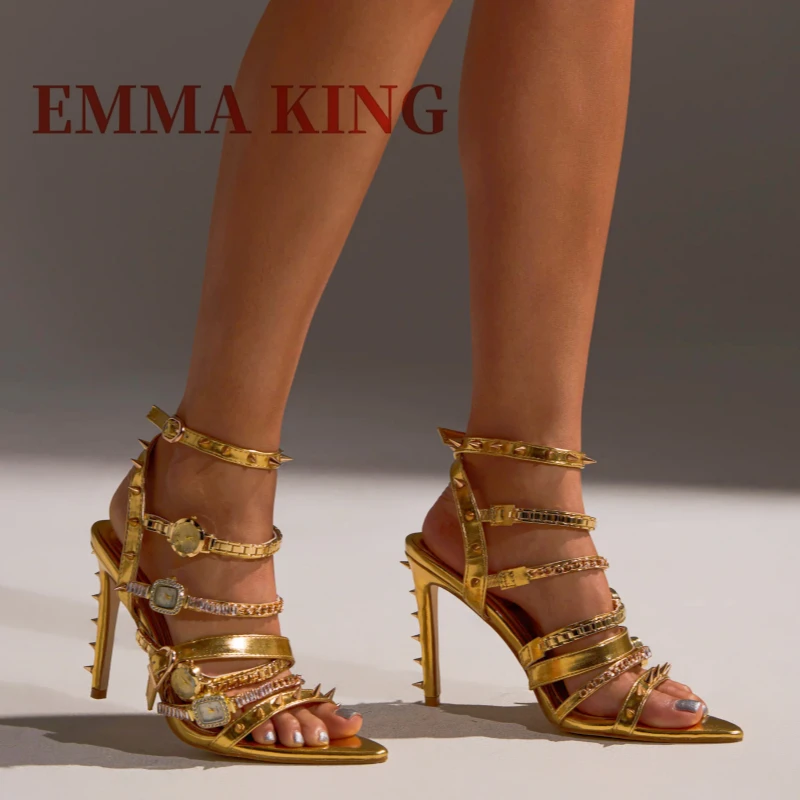 ساعة فضية أحذية مثيرة مفتوحة أشار تو خنجر صندل برشام ديكور رقيقة عالية الكعب الزفاف مضخات أحذية مأدبة نسائية