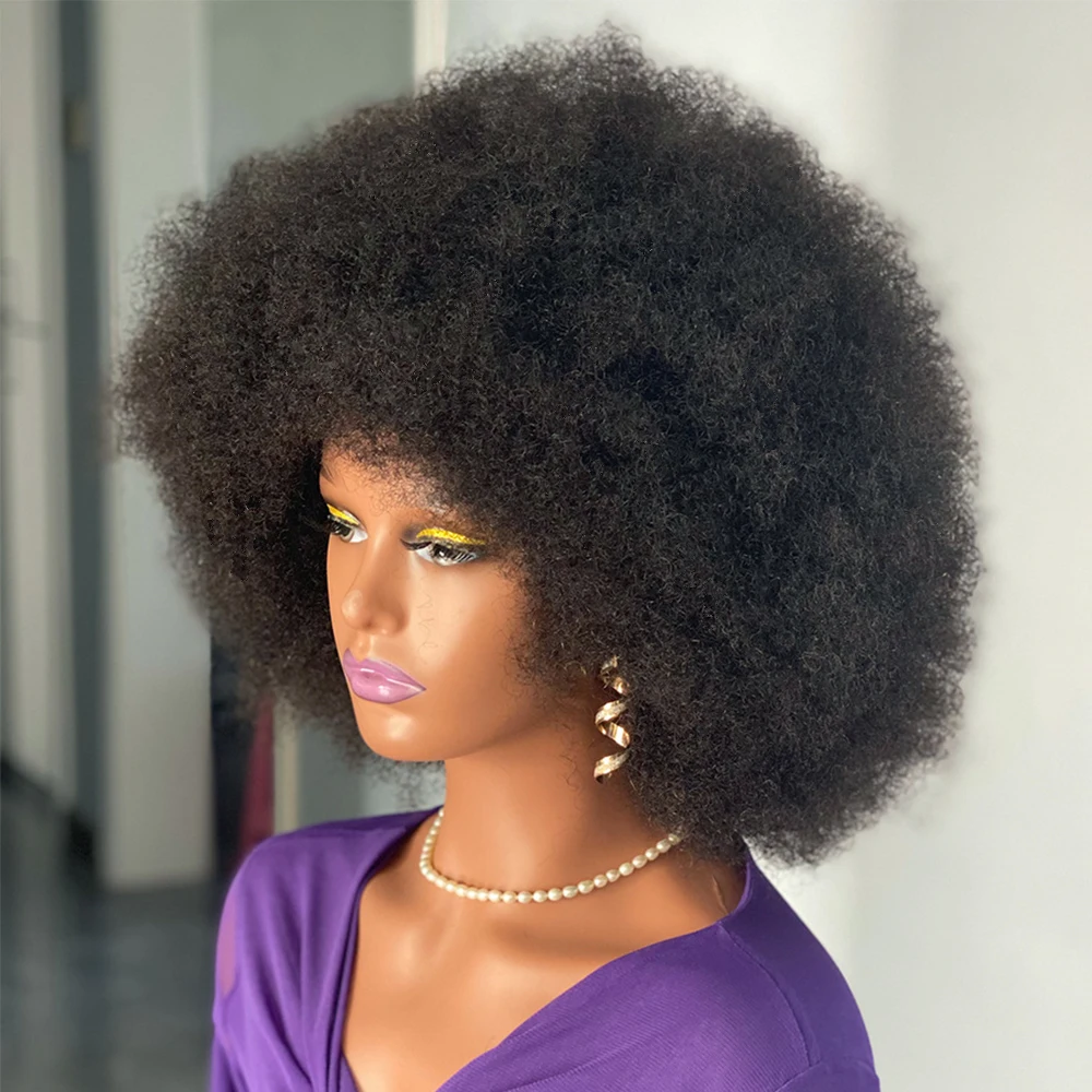 Curto Fofo Afro Kinky Curly Peruca De Cabelo Humano Com Franja, Densidade De 180%, Perucas De Máquina Completas, Natural Pixie Corte De Cabelo Brasileiro