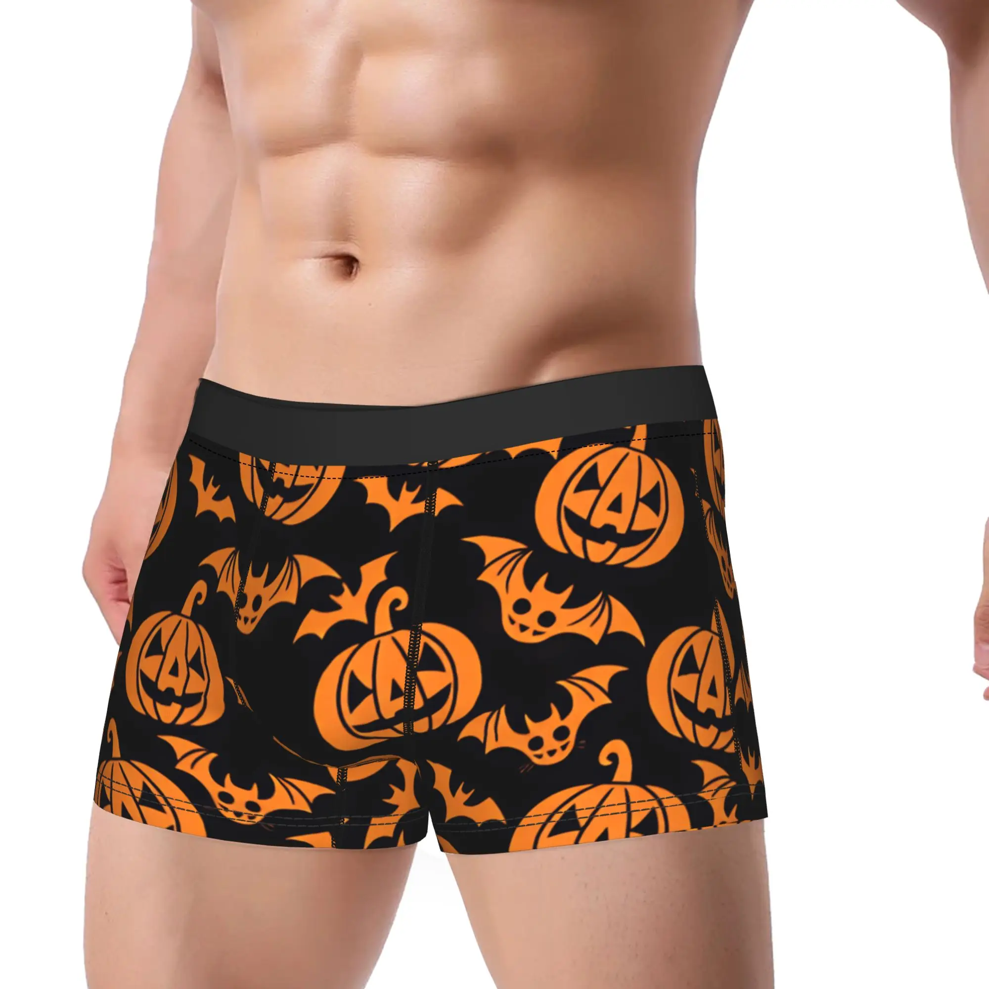 Halloween Pumpkin And Bat Seamless Pattern Black Background Shorts Briefs  Underwear Trenky Males Novelty Boxer Shorts Plus Size