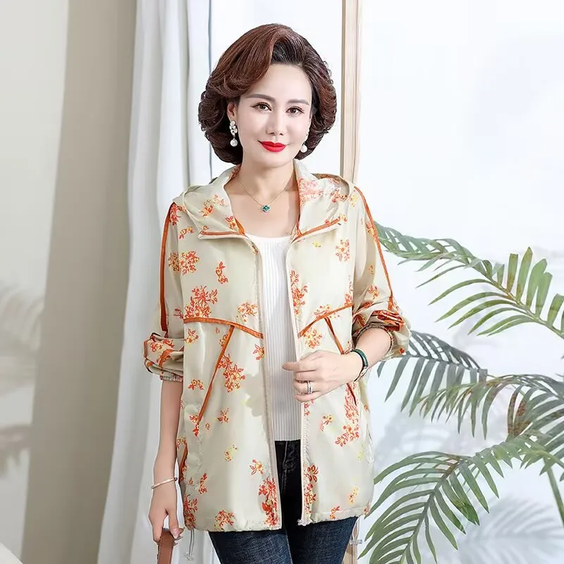 Hàn Quốc In Trung Dài Chống Nắng Bảo Vệ Quần Áo Nữ Cardigan Áo Khoác Có Mũ Trùm Đầu Mùa Xuân Hè Dây Kéo Áo Gió Nữ 2022
