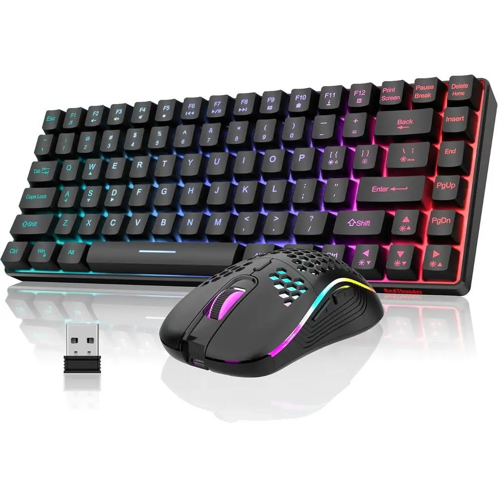 Compact 75% TKL Gaming Keyboard with Rainbow Backlit and 3200 DPI Optical Mouse Combo, Rechargeable Battery, Black