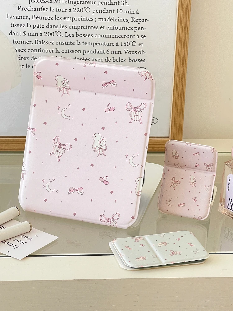 

Portable Student Dormi eup Mirror High Defn Foldable Mirror Home Stand Cute Cartoon PU Frame Rectangular Glass