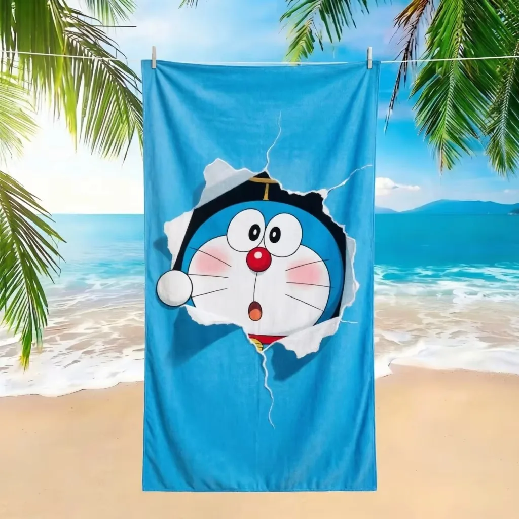 Doraemon Blue Solid Background Peeking Print Beach Towel Microfiber Quick Dry Sand Free Robot Cat Kids Anime Lovers view 4