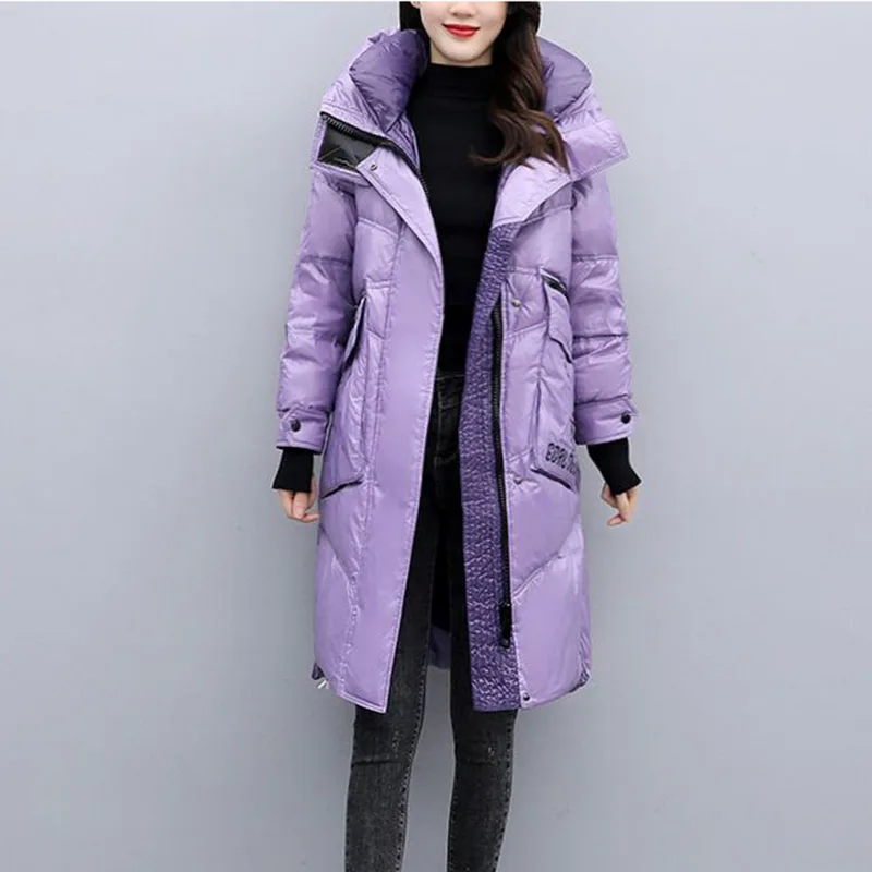 New Fashion Black Bright Face Down Jacket Women Long Winter Warm Hooded Parker Overcoat Snow Female 90% White Duck Down Coat