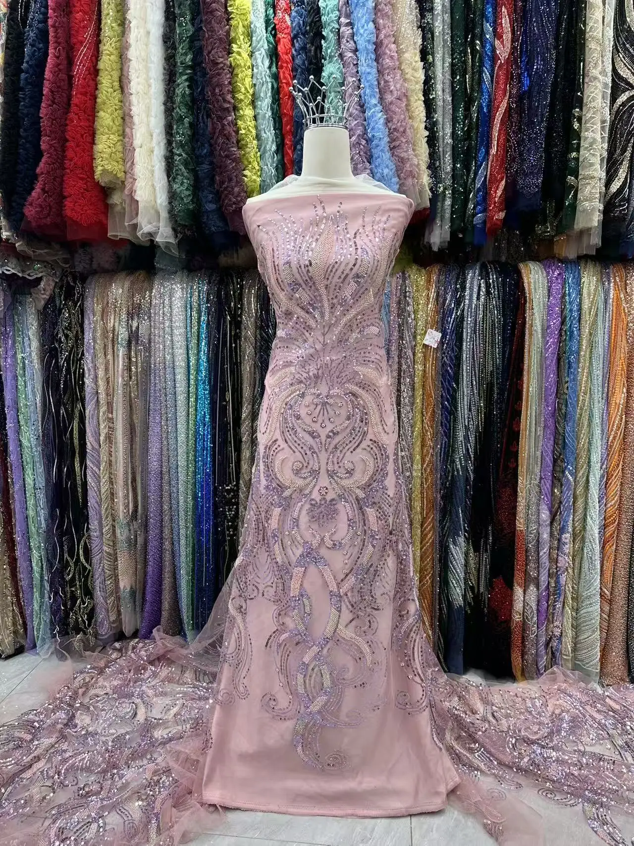 Fashion Heavy Beaded Net Lace Fabric With Shiny Sequins French Embroidery African Nigerian Tulle Mesh for Wedding Dress 1709