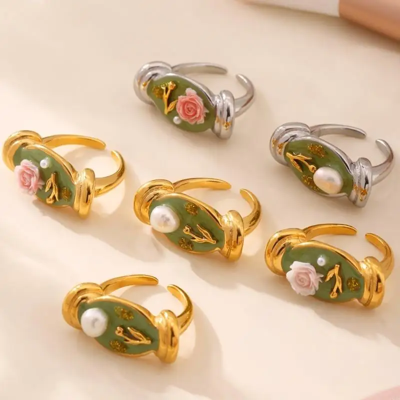 

Pearls Enamel Rose Flower Ring Flexible Band Stainless Steel Elegant Women Accessory Y08E
