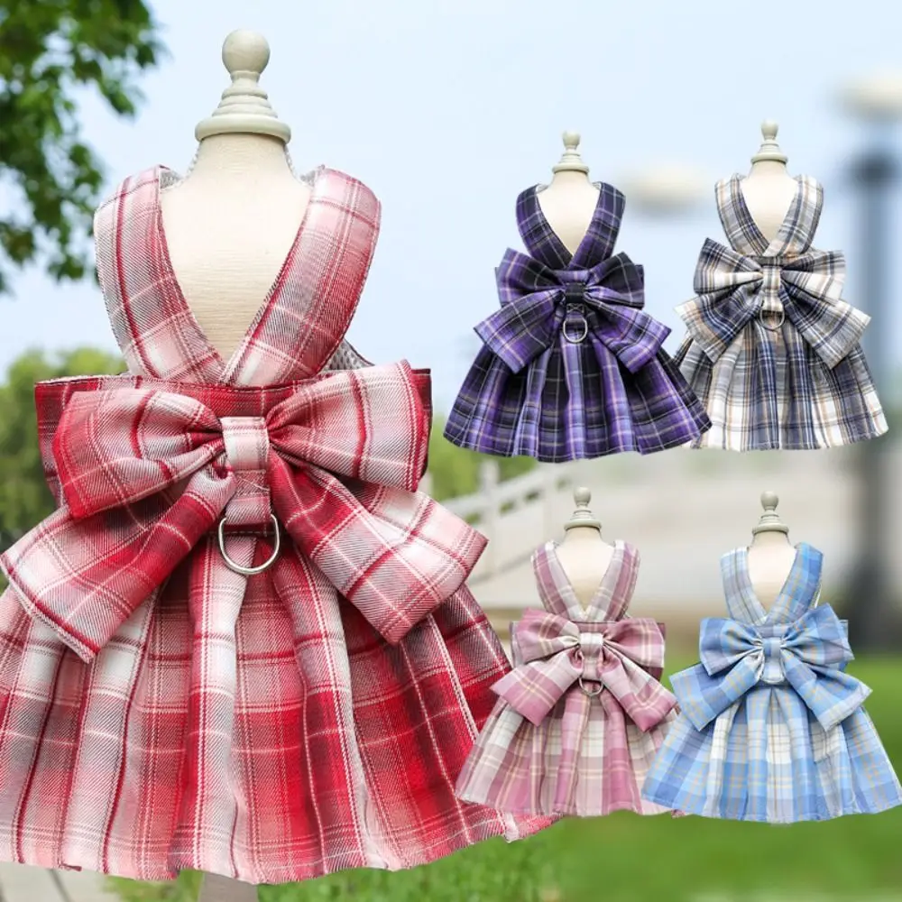 

with Leash Traction Dog Plaid JK Dress Thin Dacron Pet Harness Skirt Comfortable Washable Pet Vest Clothes Rabbit