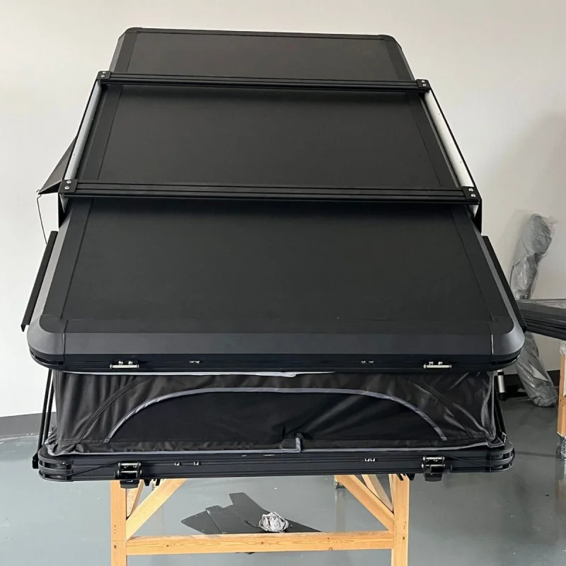 

Aluminum Alloy Triangular Hard Top Roof Tent Elevated With Support Poles Automatic Folding Outdoor Camping