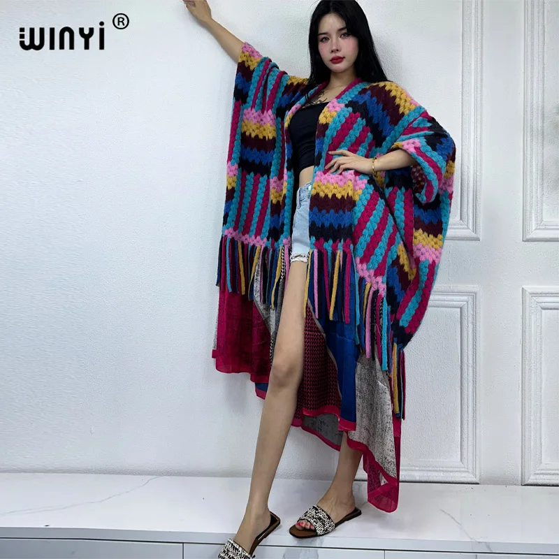 WINYI 2023 winter clothes for women Geometric print Africa Luxury Long Fur Loose OverCoat Thick Warm long down coat winter dress