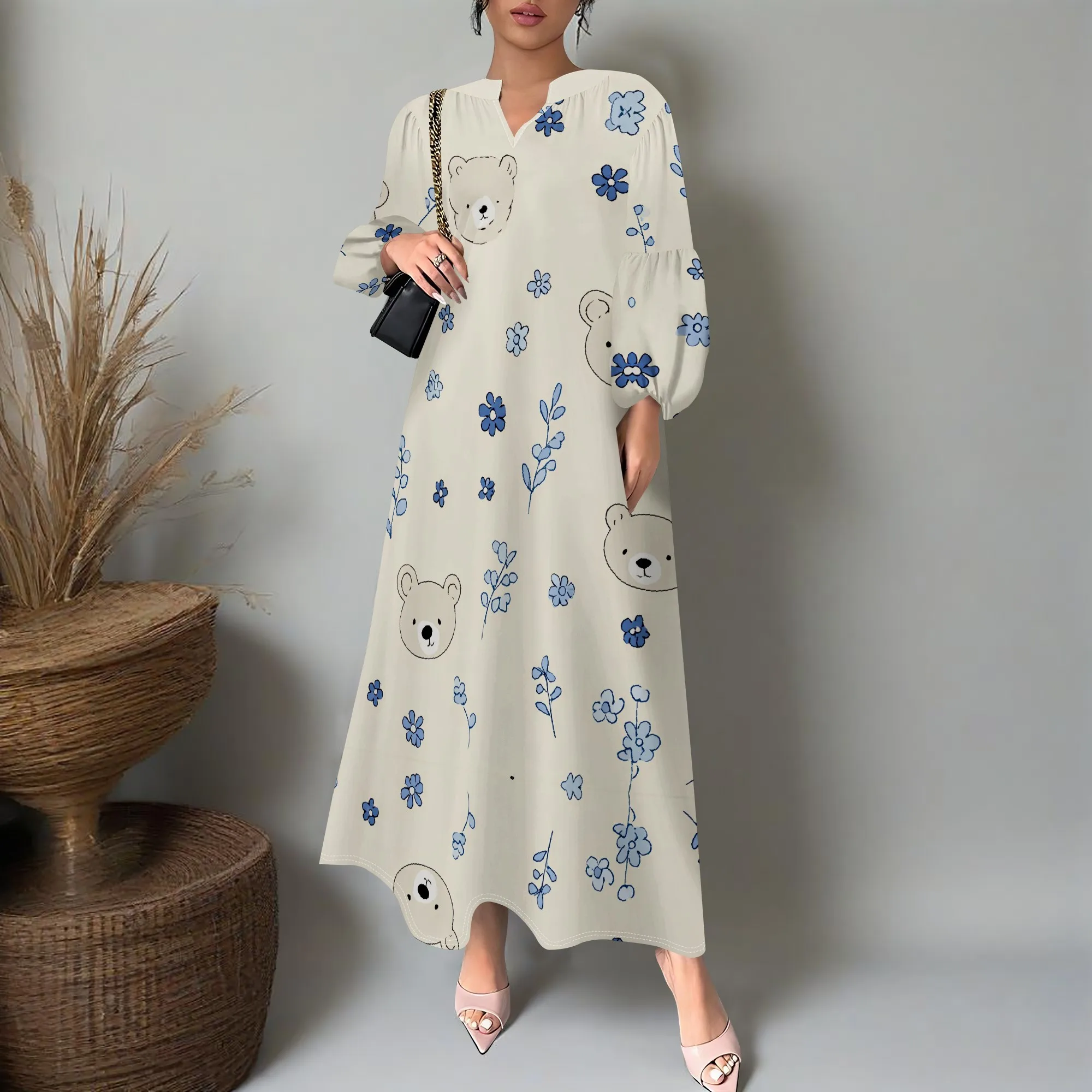 

Women's Cute Bear Print Maxi Dress XS-3XL Casual V-Neck Long Sleeve Loose Fit Outfit for Vacation & Brunch 2025
