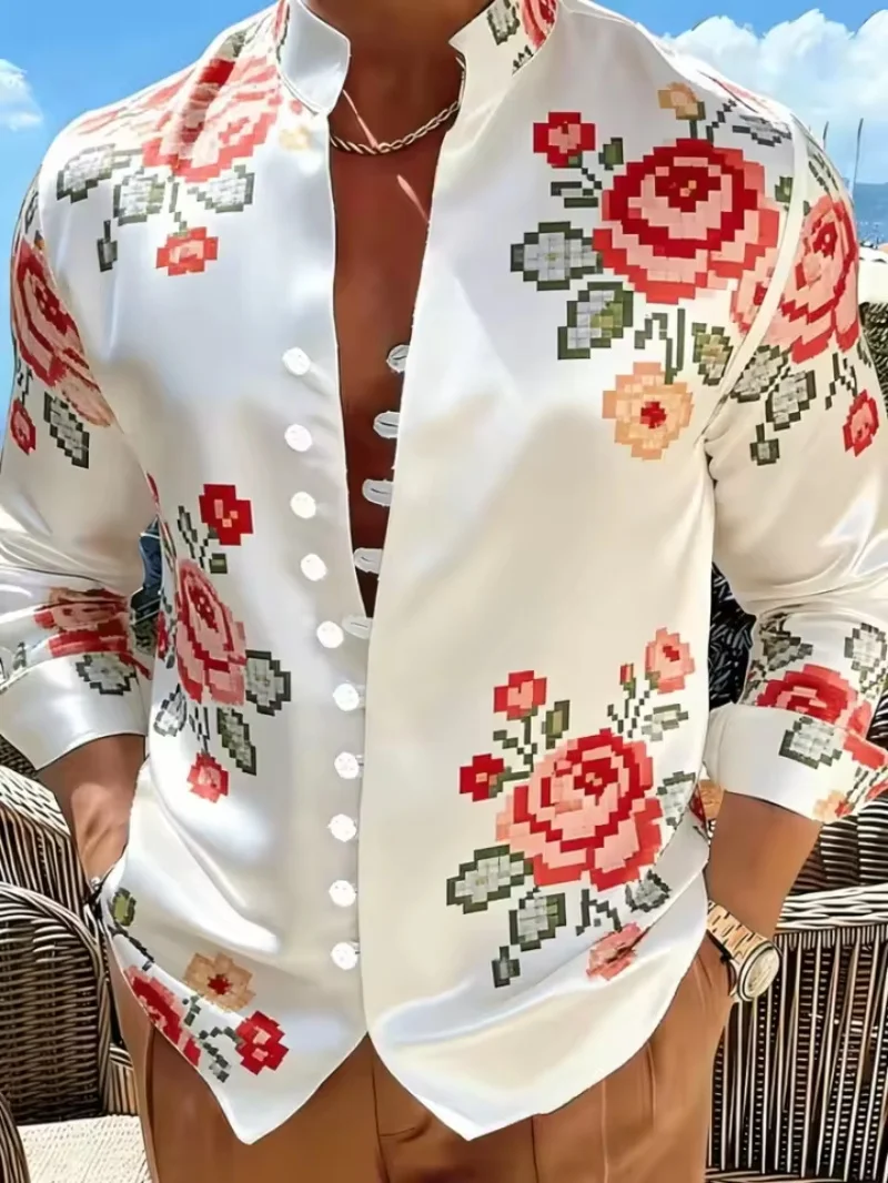 European Men's Satin Long Sleeved Shirt Stand Collar Red Rose Print Casual Loose Plus Size Fashionable Shirt