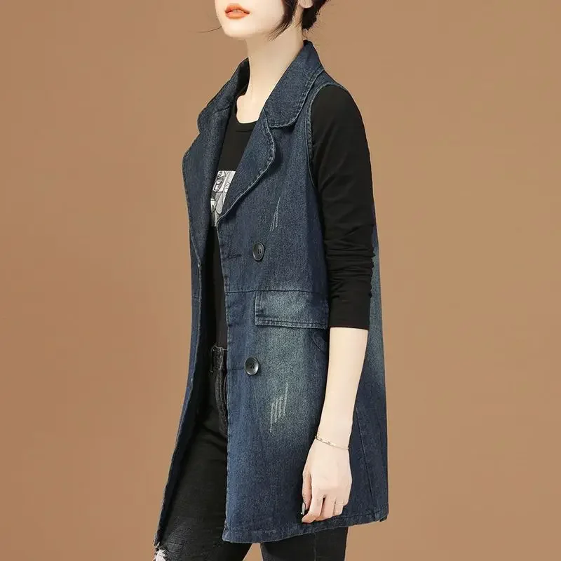 Women Long Denim Vest 2025 Autumn Korean Fashion Double Breasted Ripped Jeans Jacket Waistcoat Female Casual Sleeveless Outwear