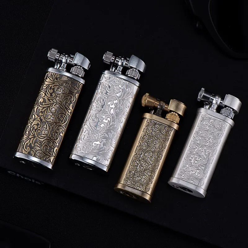 Vintage Engraved Pattern Flint Lighter, Open Flame, Metal, Raised Arm, Grinding Wheel Ignition, Men\'s Gadgets