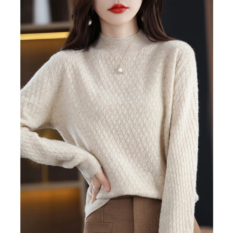 

23 Autumn 100% Pure Woolen Sweater Female Half Turtleneck Solid Color Pullover Loose Hollow-out Sweater Knitted Bottom Cashmere