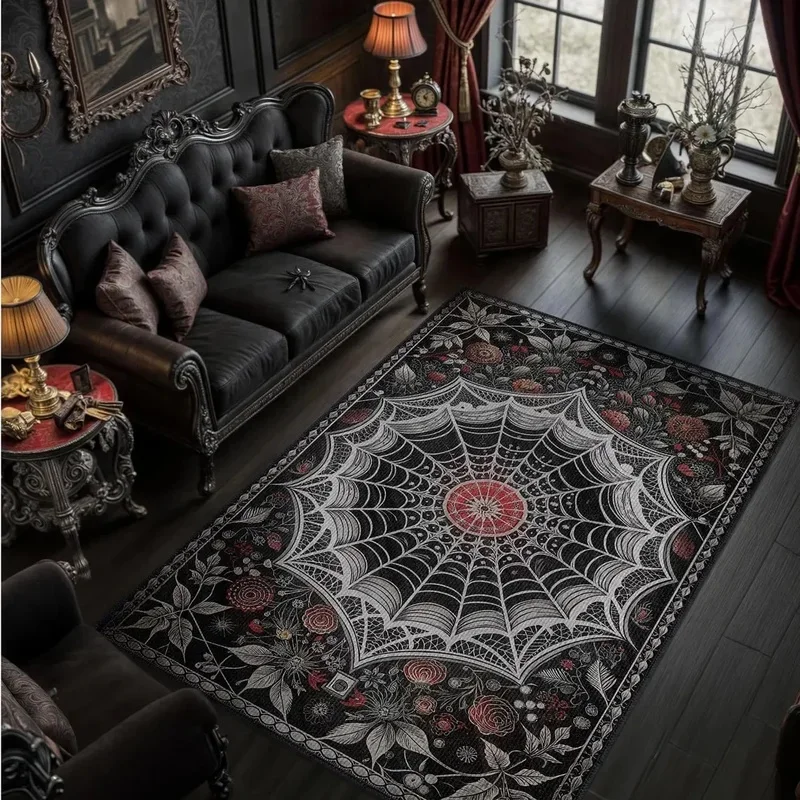 VIKAMA Dark Style Spider Web Floor Mat, Retro Botanical Print Non Slip Rug for Gothic Room Entryway Indoor Home Decor