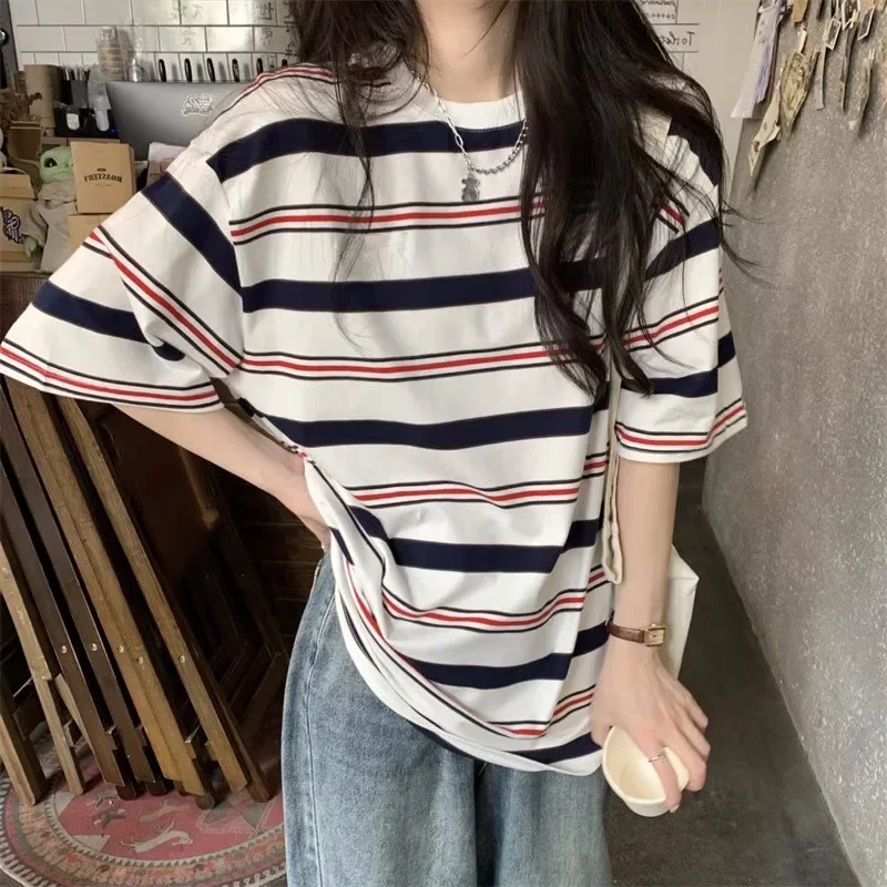 

New Women Preppy Style Striped Tops Spring Summer Loose Casual Striped T Shirts BF Style Short Sleeve Tees Chic Sweet Girls Tops