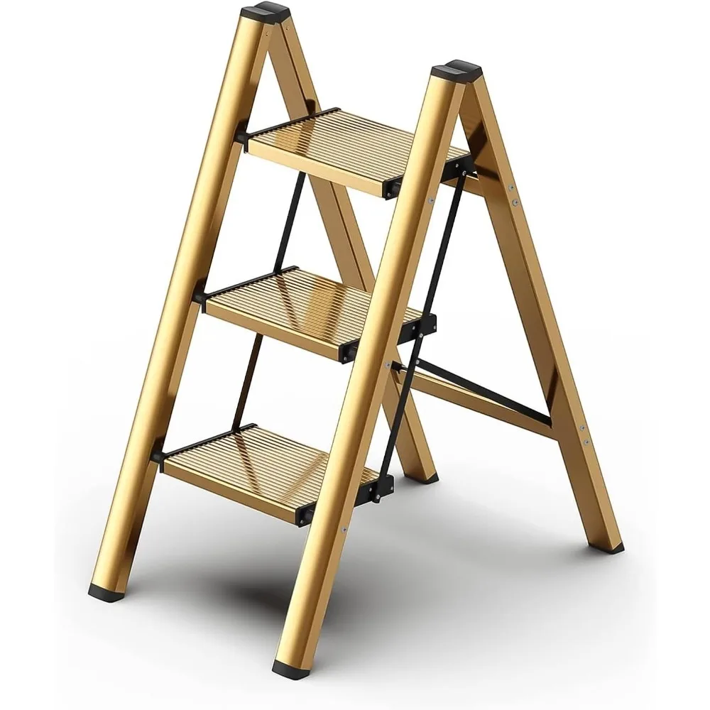 

3 Step Stool for Closet/Kitchen-Aluminium Gold Step Ladder Stools, Folding 330lbs Lightweight Ladders with Anti-Slip Wi