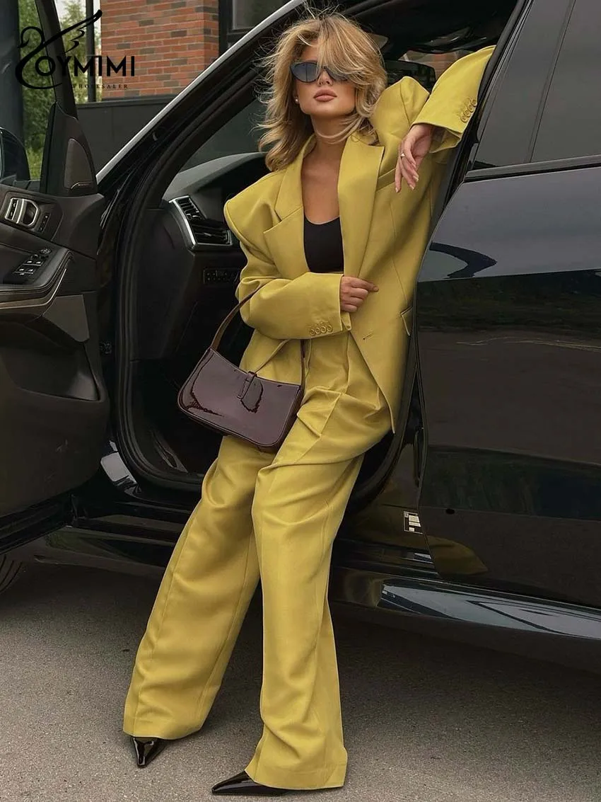 Oymimi Elegant Yellow Sets Womens 2 Piece Fashion Long Sleeve Pockets Single Button Blazers And Simple Straight Trousers Sets