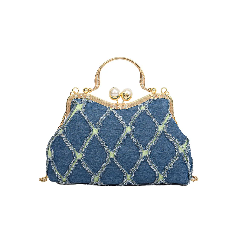 ﻿    Modieuze contrasterende denim handtas, nieuwe diamanten rasterschelptas, trendy en veelzijdige crossbodytas met enkele schouder