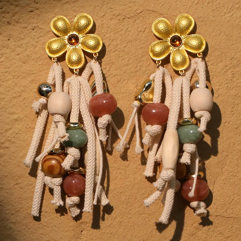 Boho Flower&Ropes Dangle Earrings Exaggerated Earrings Handmade For Women Wedding Party Jewelry
