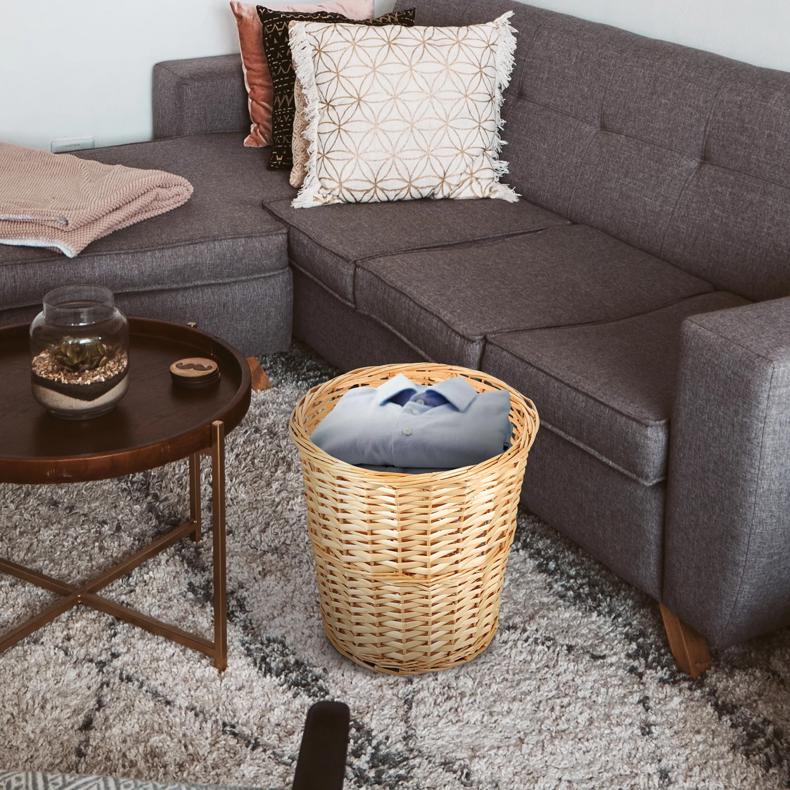 

1Pcs Wicker Woven Trash Storage Bucket Sturdy Household Organizer Bin Multipurpose Use for Bathroom Living Room Bedroom