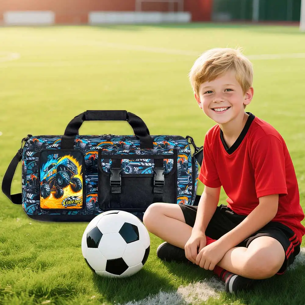 Duffle Bags for Kids, Boys Gym Bag TruckTravel Duffle Bag with Shoe Compartments Sports Teens Weekender Sleepover Carry On B