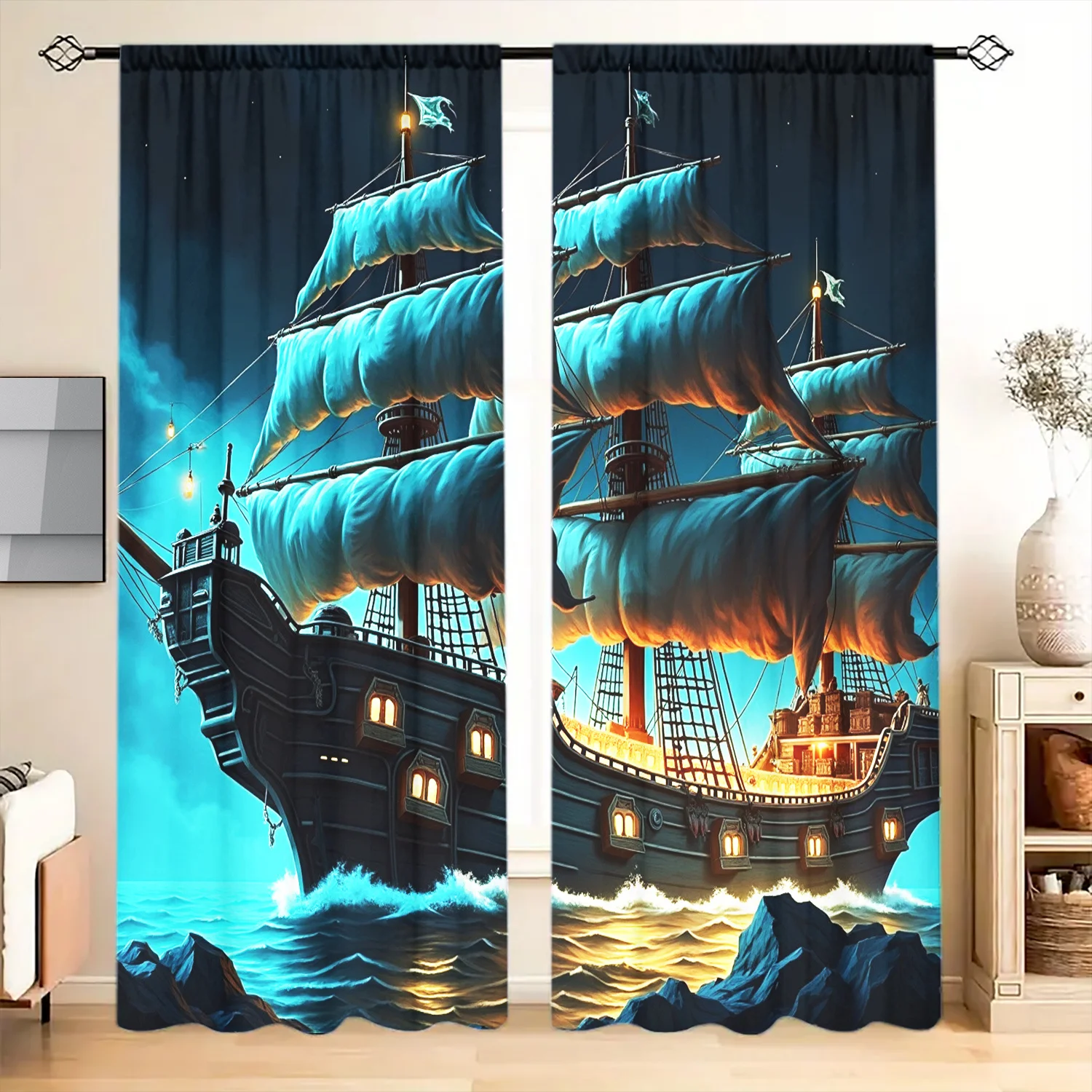 Vintage Pirate Ship Curtains, Fantasy Sailing Boat Print Blackout Drapes, Nautical Adventure Decor for Kids Bedroom Living Room