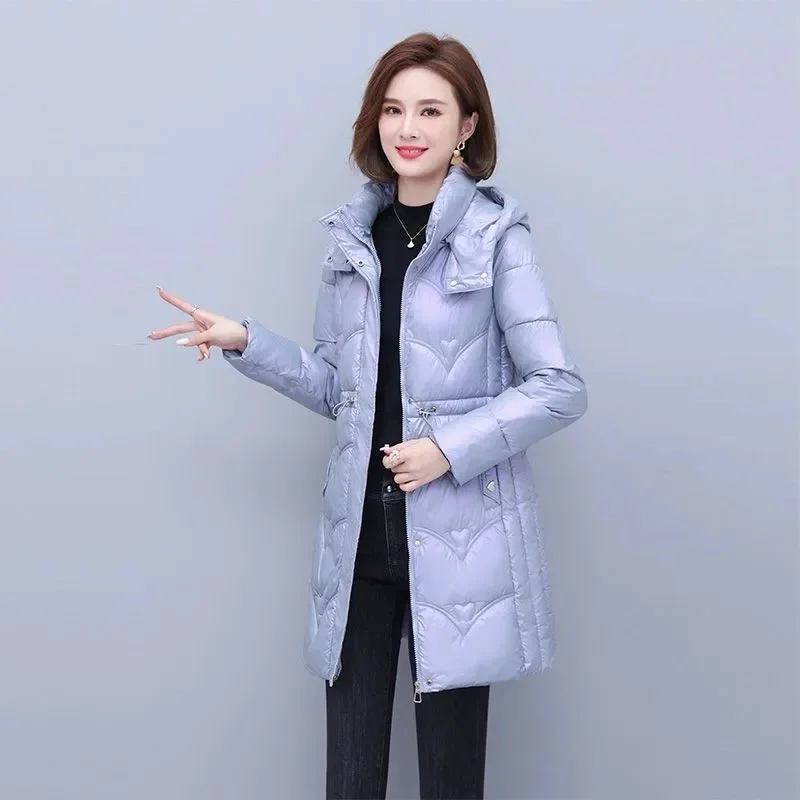 Wash-Free Glossy Down Coat Women Parkas Long Section Winter 2025 New Slim Cotton-Padded Jacket Thick Outerwear Hooded Tide Tops