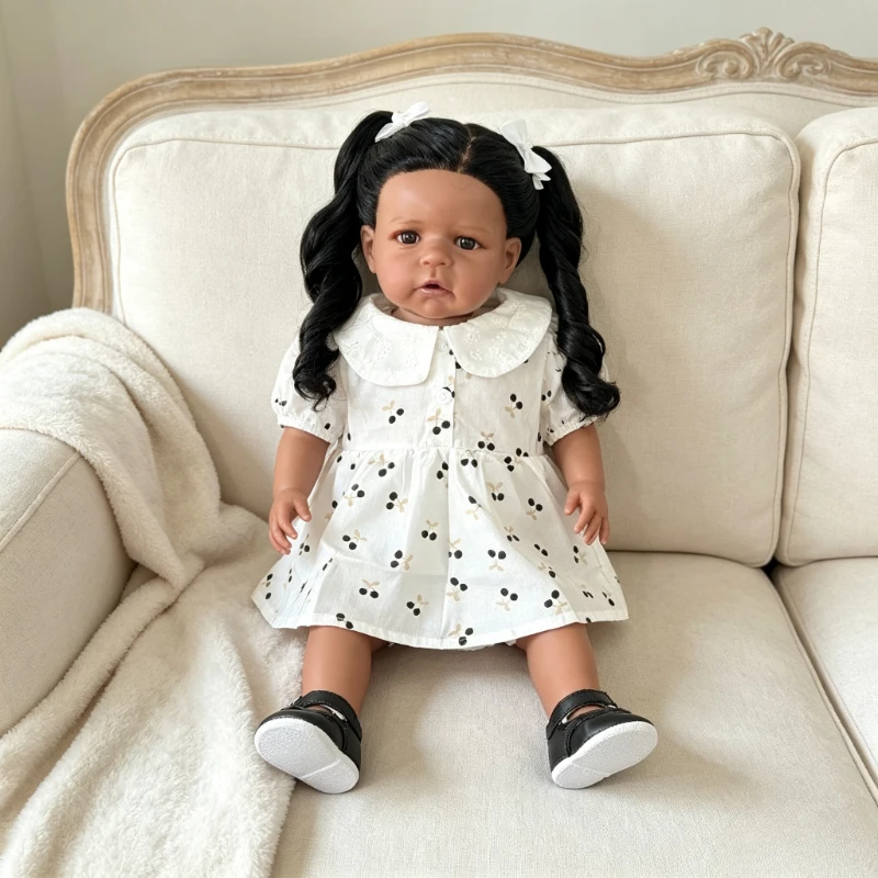 60CM Real Looking Toddler Girls Sandie Dark Skin Silicone Baby Doll  with Rooted Black Curly  Hair