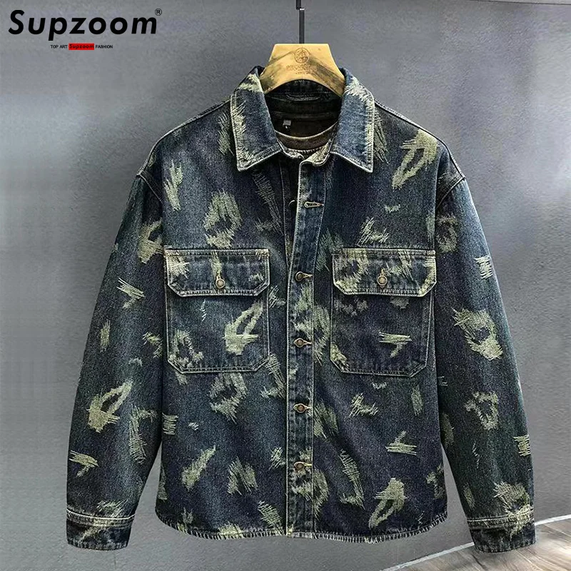 

Supzoom 2024 New Arrival Top Fashion Men Casual Denim Jeans Single Breasted Cotton Solid Turn-down Collar Short Bomber Jacket