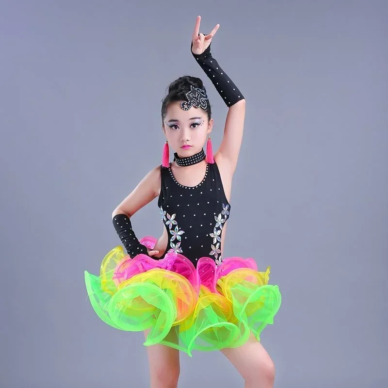 

Children Jazz Latin Dance wear Costumes Girls Sequined Ballroom Dancing dress Kids salsa Latin dance Outfits Performance