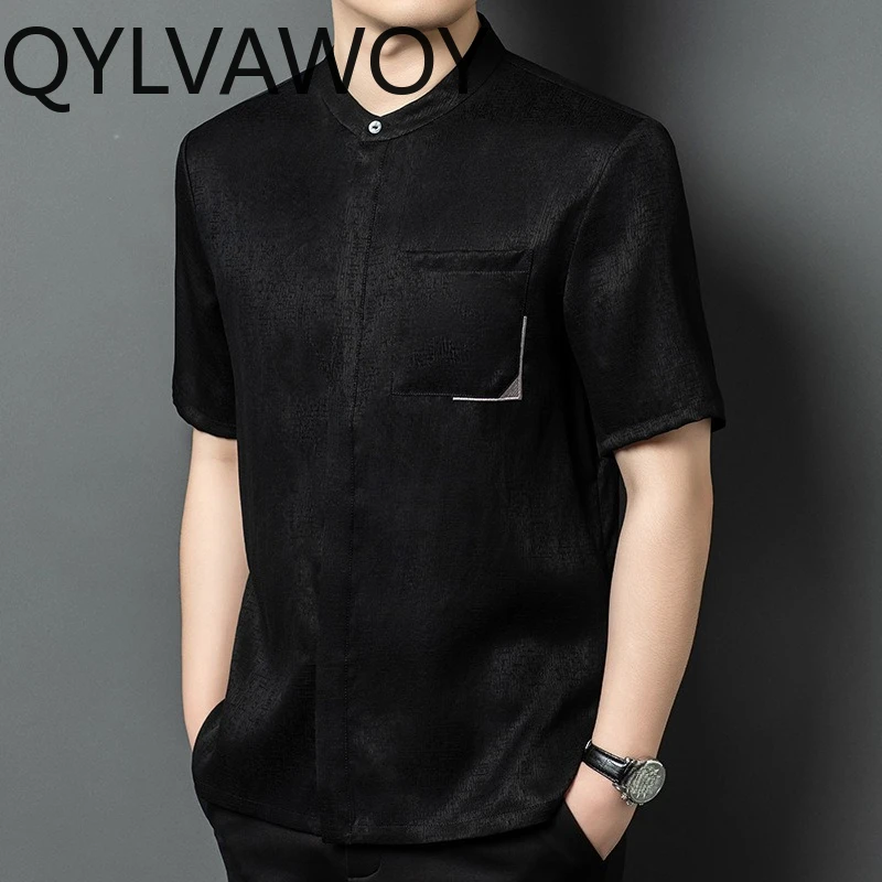 QYLVAWOY 90% Mulberry Silk Men's Shirts Black Tops Summer Man Shirt Short Sleeve Shirts for Man Mandarin Collar Tang Suit Daily