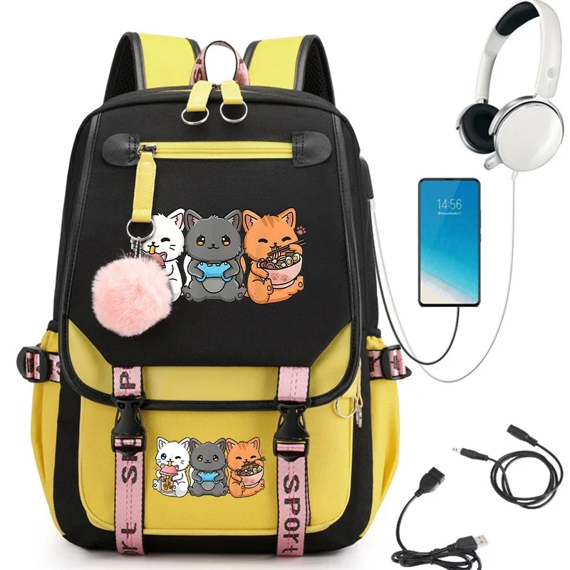 Mochila de dibujos animados para niñas adolescentes, Bolsa Escolar de carga USB de anime, Boba, cat bubble tea, kawaii