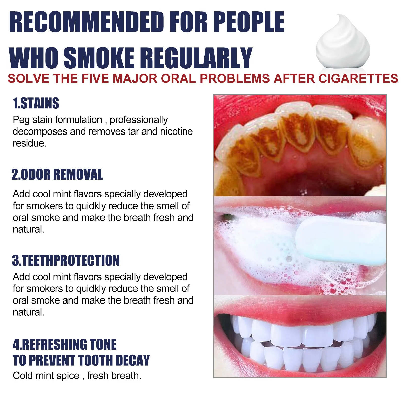 cigarette breath removal Removal Smoke Stains Toothpaste Whitening Yellow Teeth Correct Cleansing  Plaques Cavities Fresh Breath Dental Care Oral Hygiene