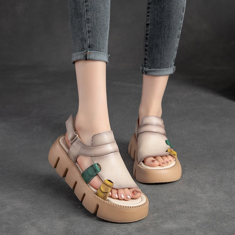 DRKANOL 2024 Handmade Genuine Leather Sandals Women Designer Luxury Hook And Loop Wedges Platform Casual Sandals Summer Shoes