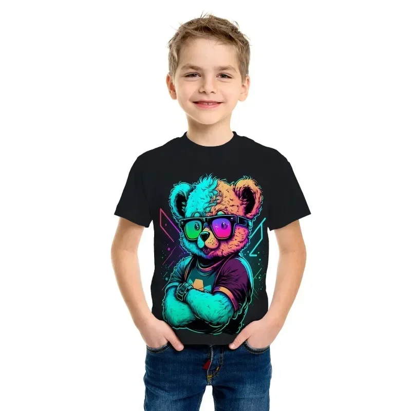 

3D Print Cartoon Graphic T-Shirt for Boys Stretchy Short Sleeve Tee for Summer Outdoor Fun Kid's Clothing with Playful Design