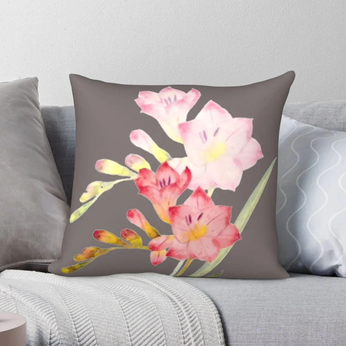 Hand Painted Pink Freesia Pillowcase Polyester Linen Velvet Creative Zip Decorative Throw Pillow Case Sofa Seater Cushion Cover