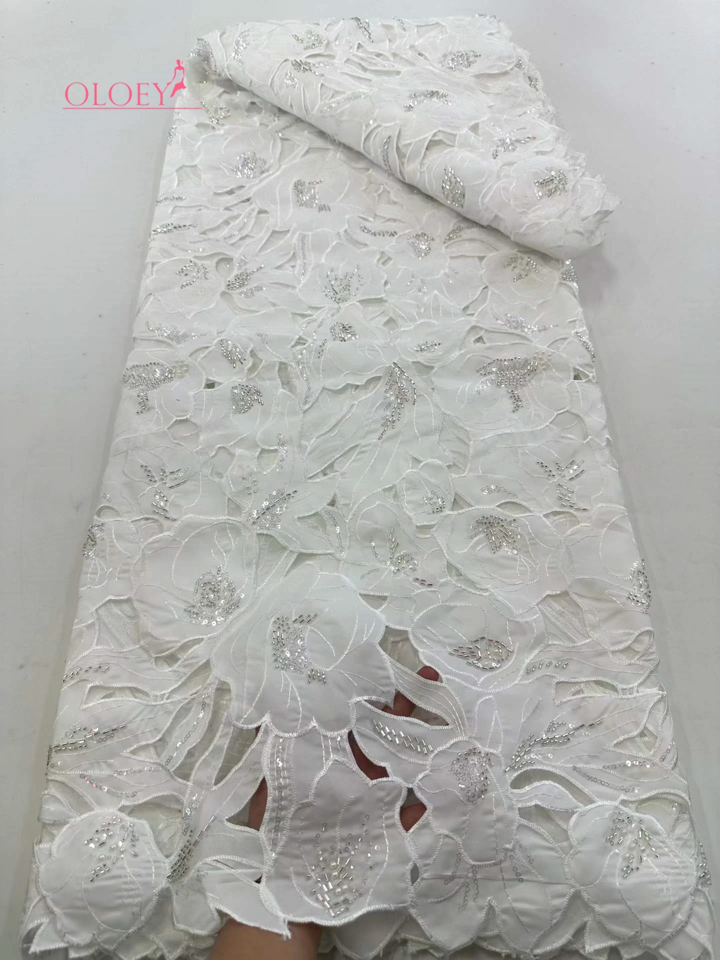 

OLOEY African Nigerian High-Quality Embroidery Tulle Lace Fabric Guipure Water-Soluble Sequins for Wedding Party Dresses Sewing